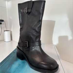 ROAN by Bed Stu Leather Moto Boots Black Buckle Mid-Calf Size 6.5